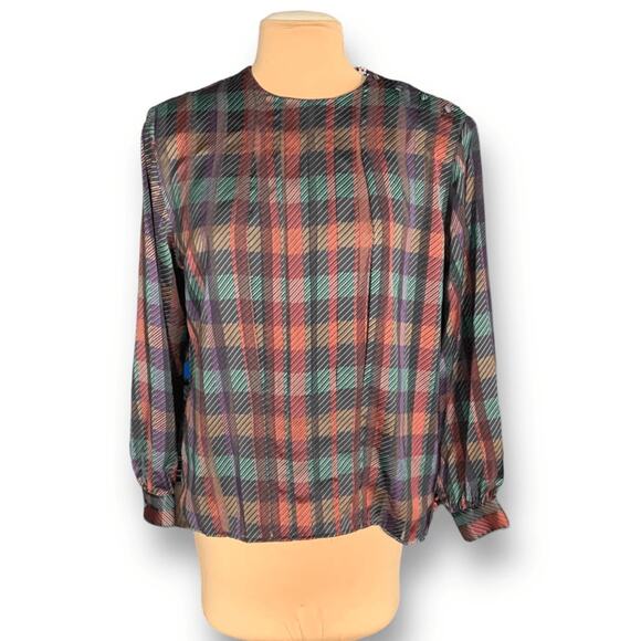 Vintage Notations Burgundy Plaid Blouse Satin Button Shoulder Long Sleeve Large - Picture 2 of 11